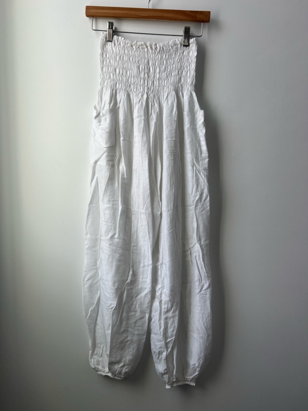 White Smocked Waist Harem Pants